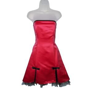Vintage 90s Y2K Hot Pink HOCO Dress Bows Tulle 7/8 Gunne Sax Strapless Punk Emo